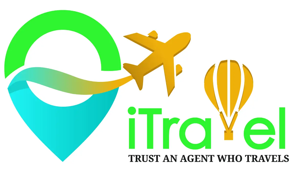 Logo of iTravel featuring a plane and hot air balloon.