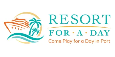 Logo with palm trees and a sun, promoting a resort for all.