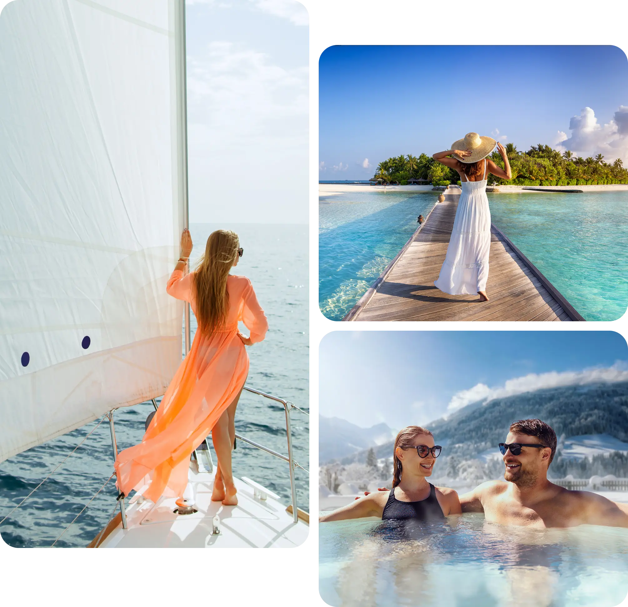People enjoying vacation by sea and pool.